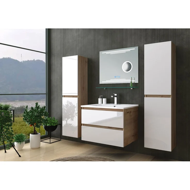 Homeline Badmöbel Set Eiche/Weiß Leonard Hochglanz 60 cm Spiegel incl LED (60, 4, 0X Seitenschränke) – Bild 1