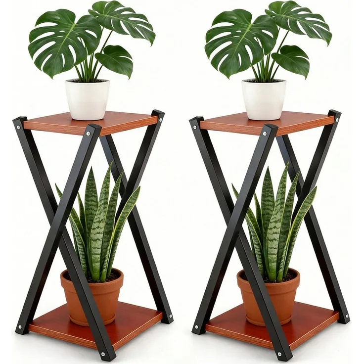 BlingBin Blumenhocker Blumenständer 2 Ebenen, Pflanzenständer aus Metall mit Holzoptik (2er Set, 2 St, Pflanzenregal), Stabiler Blumentopf Ständer für Wohnzimmer,Schlafzimmer & kleine Räume