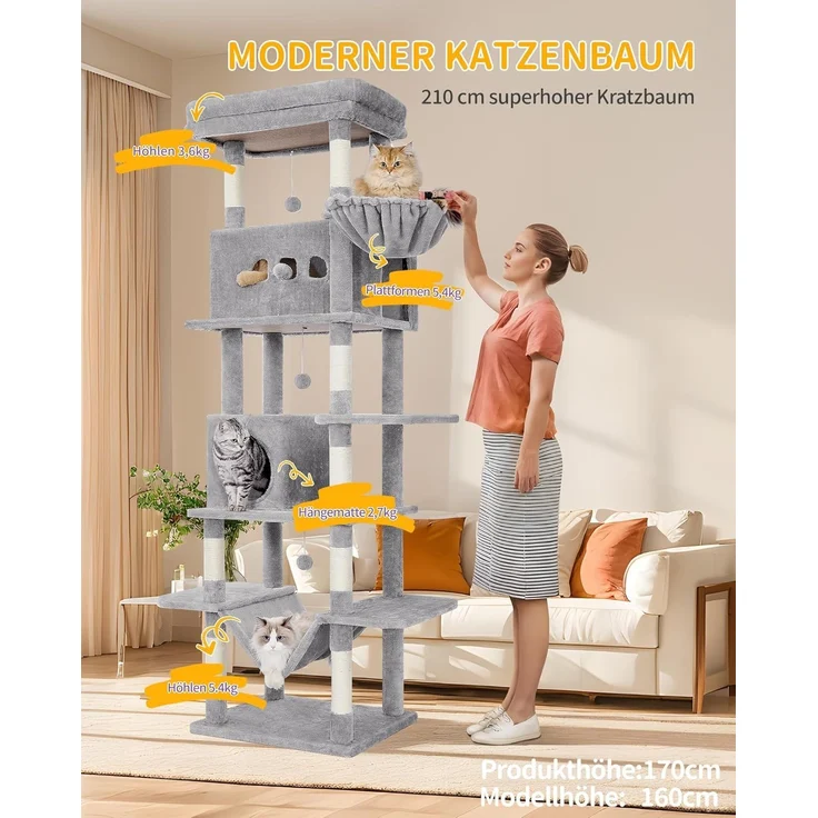 Kratzbaum groß, 210 cm hoch, Katzenbaum, mit 8 Kratzbäume, 2 Höhlen, groß Plattformen, Waschbare Matte, Hängematte, Plüschbälle, mehrstöckiger katzenkratzbaum, Hellgrau – Bild 2