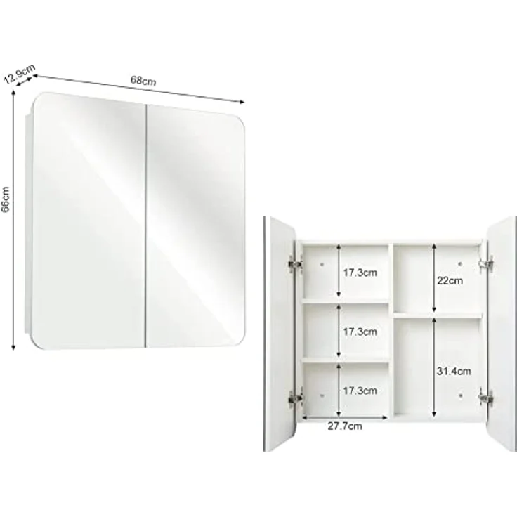 Meerveil Spiegelschrank, Badezimmerspiegel mit 2 Türen 5 Einlegeböden Holz Moderner Stil, 68 x 13 x 66 cm F1015BC12WT Weiß - Bogen – Bild 4