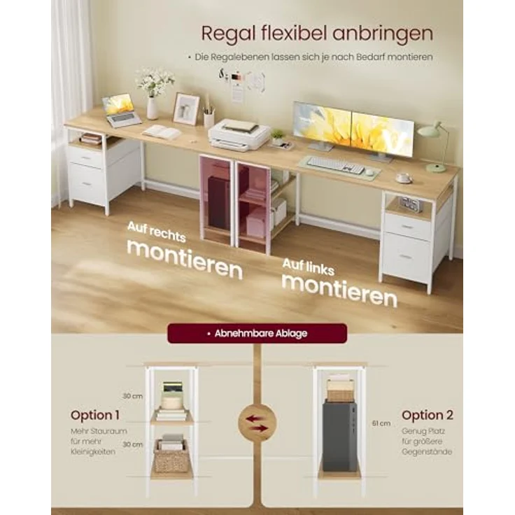 VASAGLE Computertisch, Bürotisch, Schreibtisch, mit 3 Ablagen, 2 Schubladen, 160 x 60 x 76 cm, fürs Büro, Wohnzimmer, moderner Stil, natureichenfarben-wolkenweiß LWD105YD01 – Bild 6
