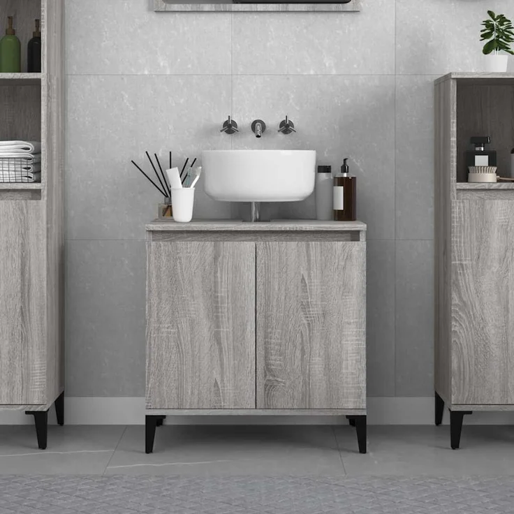 Waschbeckenunterschrank, Badschrank, Unterschrank Grau Sonoma 58x33x60 cm Holzwerkstoff j139p – Bild 2