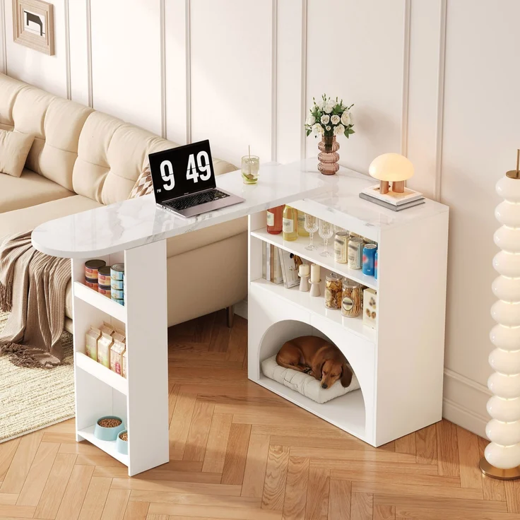 Ausziehbarer Thekentisch mit Haustierbereich, Marmoroptik, weiß, 120(+80)x40x100 cm – Bild 1