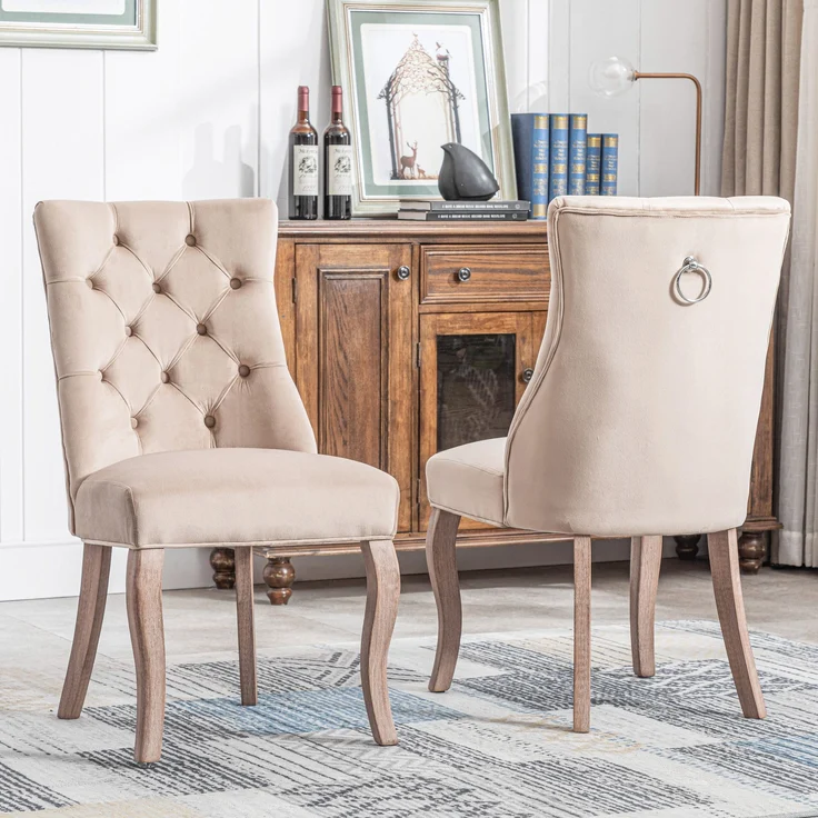 Esszimmerstuhl (2er Set) beige Samt, hohe Rückenlehne, Massivholzgestell – Bild 2