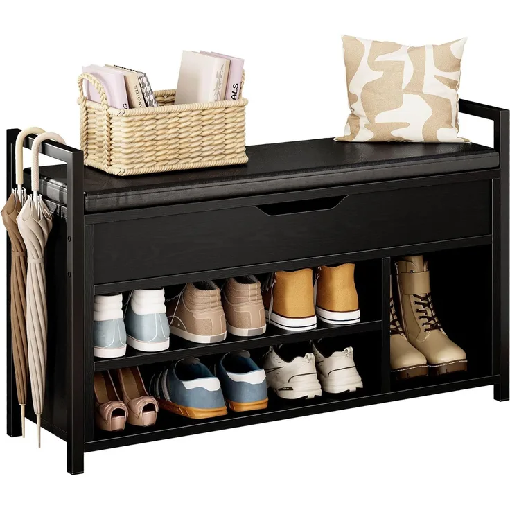 IRONCK Schuhbank mit Sitzfläche, Sitzbank mit Stauraum, Schuhschrank, offene Fächer, Metall Rahmen, Kunstleder, 130kg belastbar, Schuhregal für Eingang,Flur,Wohnzimmer,Schlafzimmer (Schwarz)