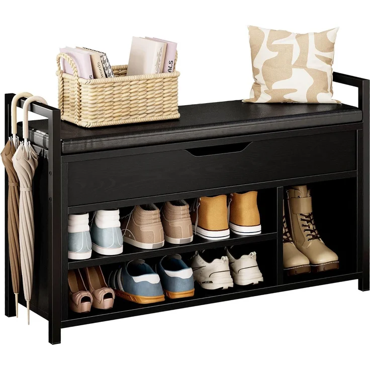 IRONCK Schuhbank mit Sitzfläche, Sitzbank mit Stauraum, Schuhschrank, offene Fächer, Metall Rahmen, Kunstleder, 130kg belastbar, Schuhregal für Eingang,Flur,Wohnzimmer,Schlafzimmer (Schwarz) – Bild 1