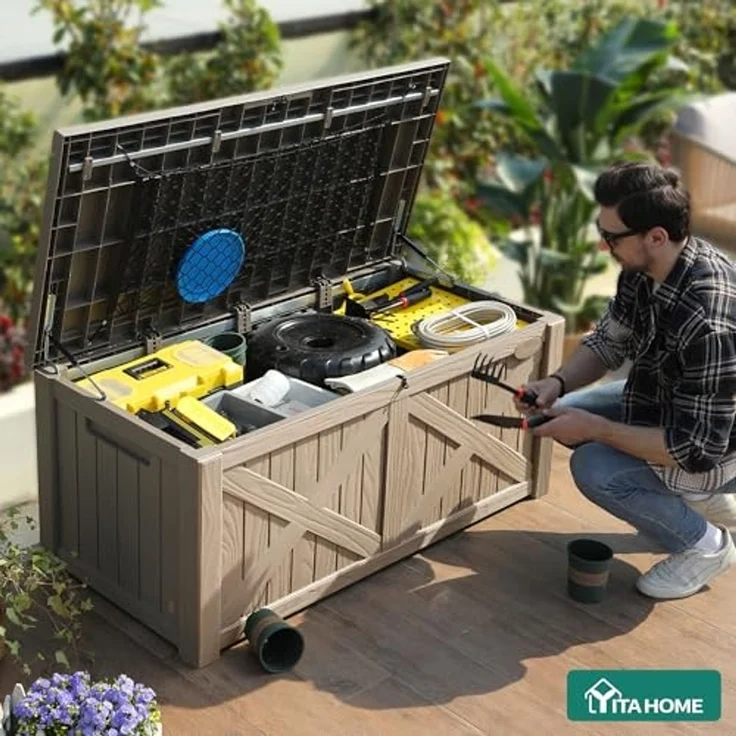 YITAHOME Große Aufbewahrungsbank 450 Liter mit X-Front, Wetterfeste Outdoor-Sitzbank, Resin Gartenbox für Terrassenkissen, Poolzubehör, Gartengeräte - Abschließbar, Hellbraun – Bild 7