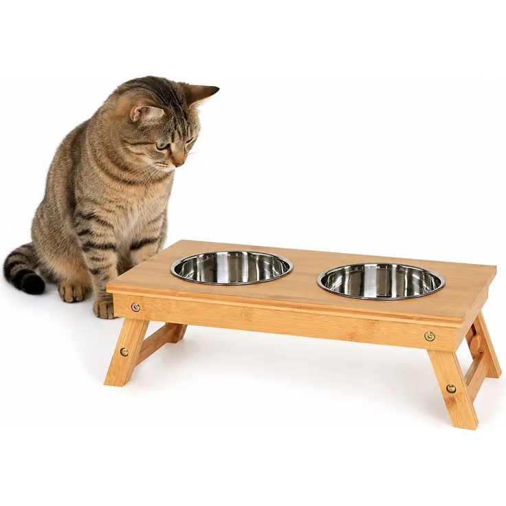 lionto Katzennapfständer aus Bambus, höhenverstellbare Futterstation mit 2 Edelstahlnäpfen, ergonomisch (2×0,7 L)