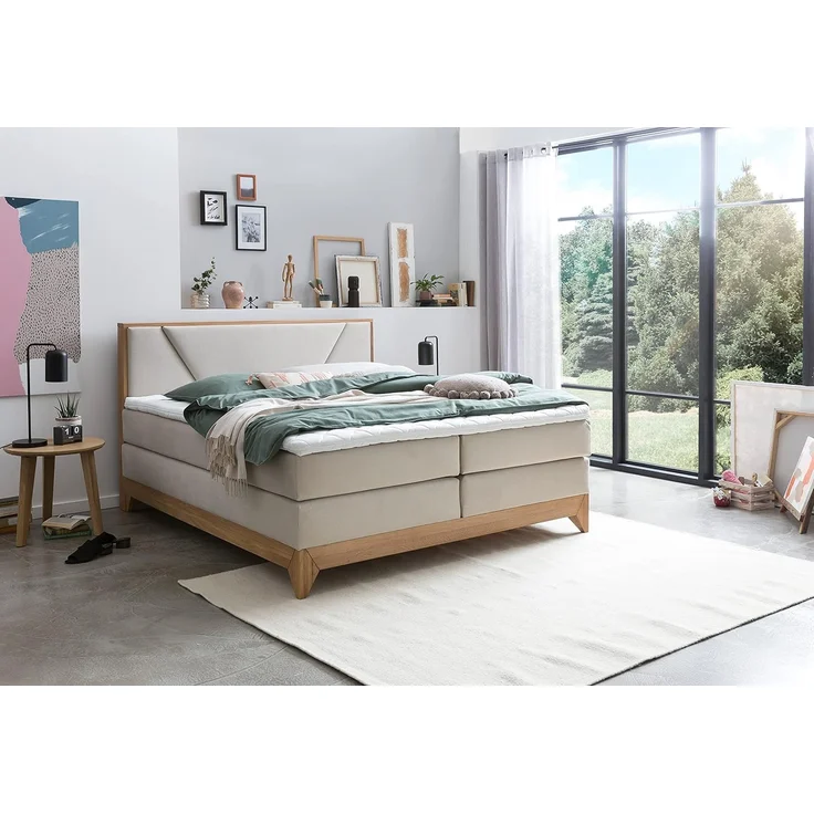 Belanoti Boxspringbett Riviera (Boxspringbett 180x200 Eiche 7-Zonen Taschenfederkern Matratze inkl, Visco Topper Bett 180x200 in der Farbe Beige H2/H3 Polsterbett), Hotelbett mit Massivholz Eiche Massivholzbett – Bild 1