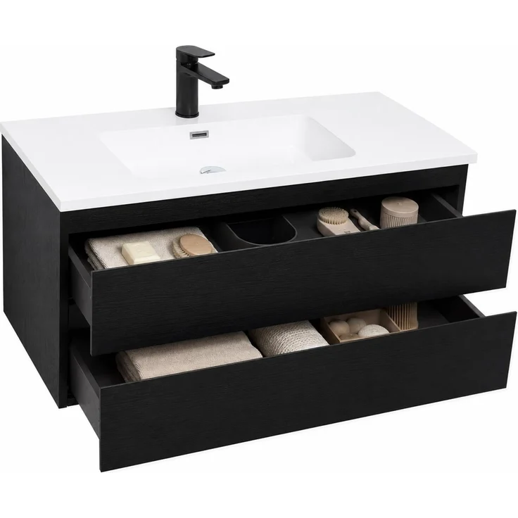 Badplaats Badmöbel Set mit Waschbecken und Unterschrank Angela 100 x 48 cm Schwarz Holz - Waschbeckenunterschrank mit Soft-Close und Waschbecken, Vorgemontiert – Bild 5