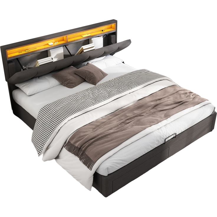 Polsterbett mit LED-Beleuchtung,Hydraulisch Stauraumbett mit Bettkasten,Schubladen und Staufächer,Verstaubares Kopfteil aus Schaum,Doppelbett aus Stahlrahmen,Leinen,160*200cm,grau – Bild 10