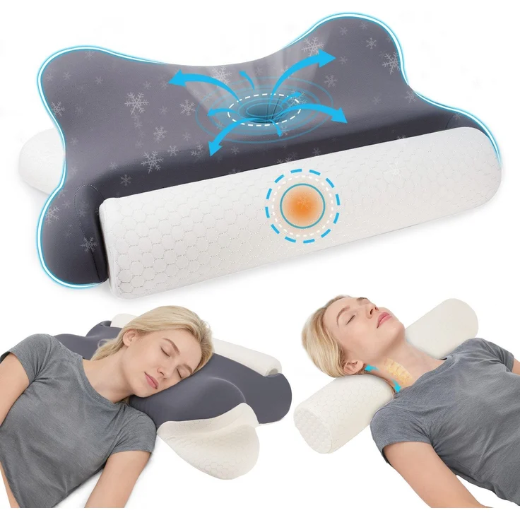 Nackenstš¹tzkissen Kopfkissen, 2 in 1 Kissen mit Nackenrolle, Ergonomisches Memory Foam Kissenbezug besteht aus 18% Elasthan und 82% Nylon – Bild 1