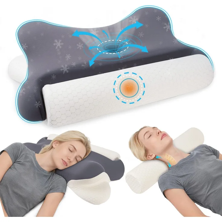 Nackenstš¹tzkissen Kopfkissen, 2 in 1 Kissen mit Nackenrolle, Ergonomisches Memory Foam Kissenbezug besteht aus 18% Elasthan und 82% Nylon