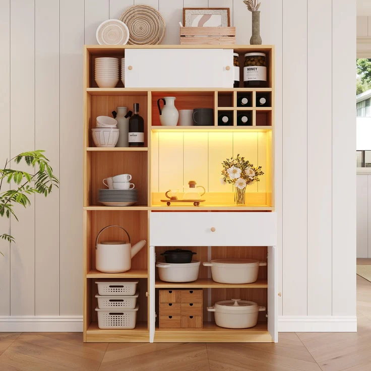 ZUBALIYA Buffetschrank 115x35x180 cm, mit LED-Beleuchtung, aus Spanplatte, Weiß / Natur – Bild 4