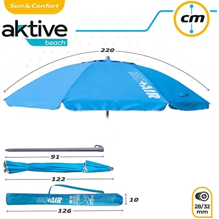 Aktive 62239 – Großer, winddichter, extrem widerstandsfähiger Strandschirm | Kippmast | Inkl. Aufbewahrungstasche mit Tragegriff | Großer blauer Sonnenschirm – Bild 6
