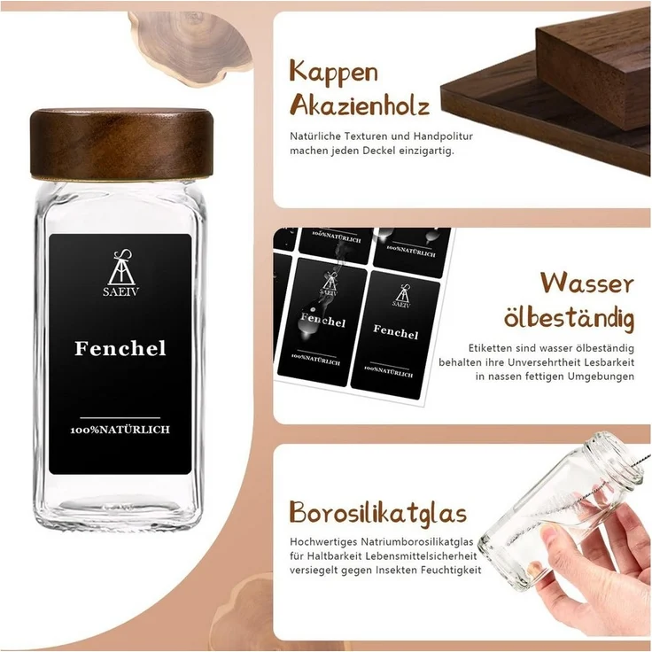 KingLux Gewürzbehälter 35Stk. Gewürzdosen Mit 200 Gewürzetiketten,Gewürzgläser Eckig -Set, Borosilikatglas+Akazienholz, (35-tlg) – Bild 2