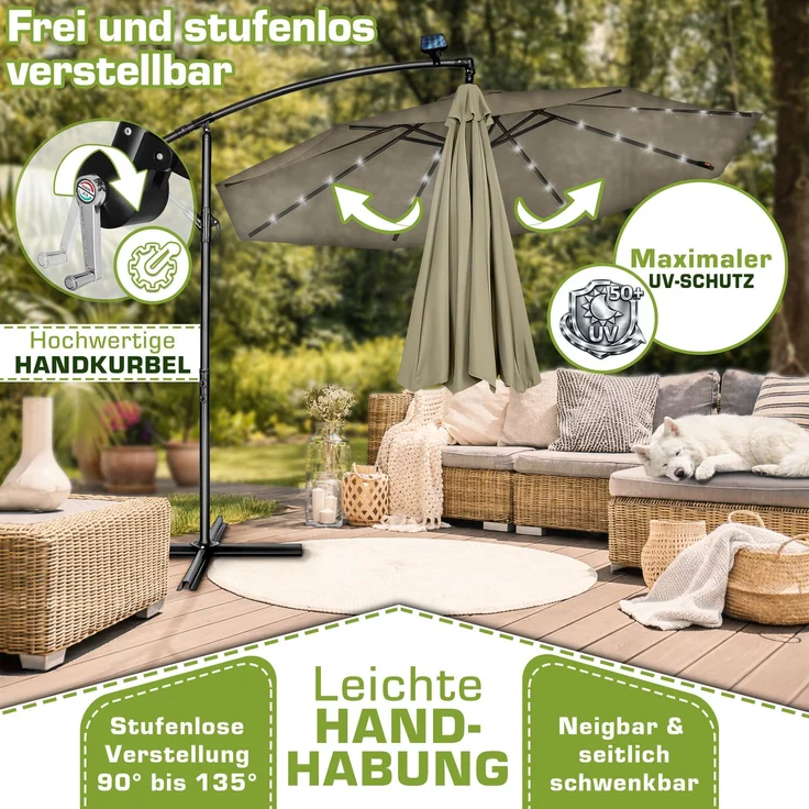 tillvex Alu Ampelschirm Braun LED Solar Ø 300 cm mit Kurbel | Sonnenschirm mit An-/Ausschalter | Gartenschirm UV-Schutz Aluminium | Kurbelschirm mit Ständer Marktschirm wasserdicht – Bild 3