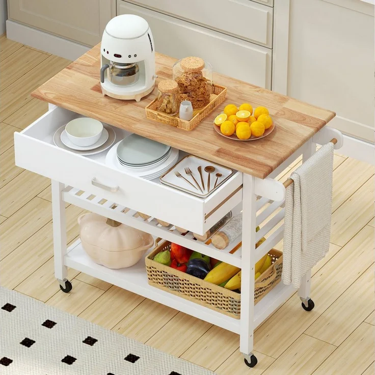 COSTWAY Küchenwagen, Mit Schublade, Rollen und Arbeitsplatte, Holz, weiß – Bild 1