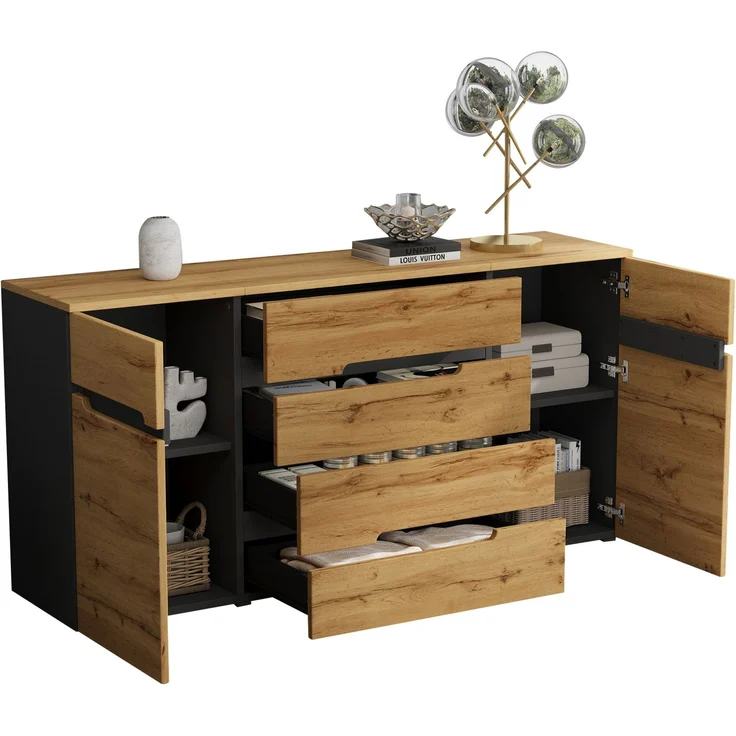 DESVIAE Sideboard mit 2 Türen und 4 Schubladen 160x80x40 cm Spanplatte Holzoptik Schwarz – Bild 7
