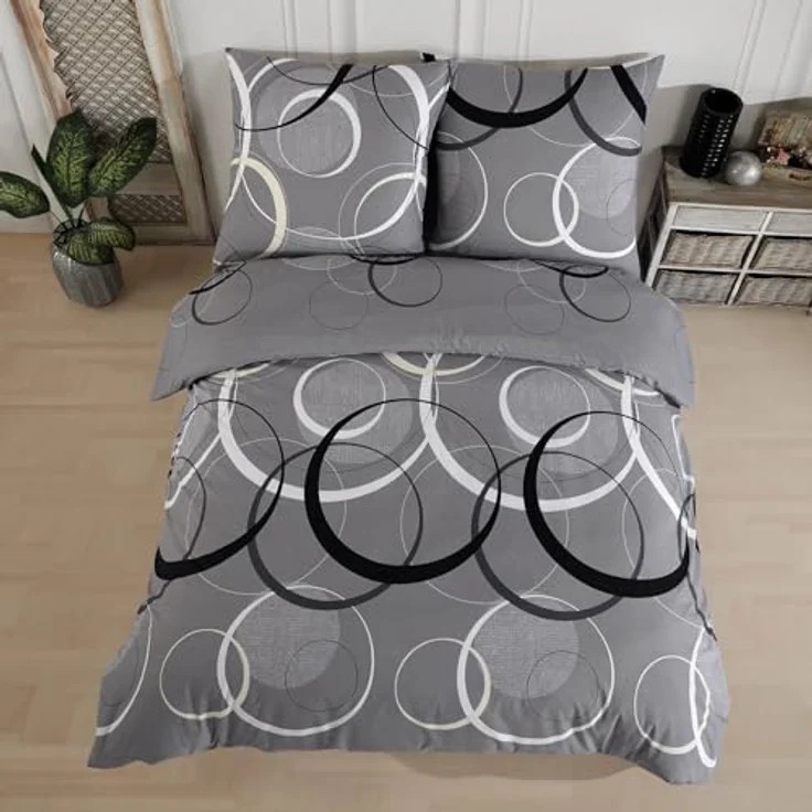 Buymax Bettwäsche Wave, Bettgarnitur, Bettbezug Set, Renforcé: 100% Baumwolle, 2 teilig, mit Reißverschluss, gemustert, Kreise, Grau, Schwarz, 155x220 cm – Bild 4