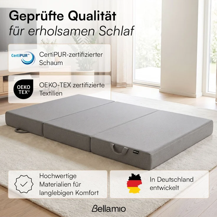 Bellamio 'Lomme' Klappmatratze 140x200 cm, 3-fach faltbar, Höhe 15 cm, Härtegrad H3, Gästematratze mit Tragegriffen, hellgrau, abnehmbarer Bezug – Bild 7