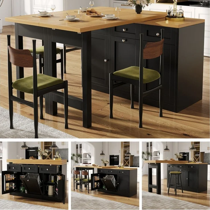 MODFU Bartisch Kücheninsel, Reversibel Tisch (mit Stauraum, Klappbarer Esstisch mit Schublade & Snackablage, herausziehbarer Mülleimerhalter (Eimer nicht enthalten), 1-St, 120-200cm) – Bild 3