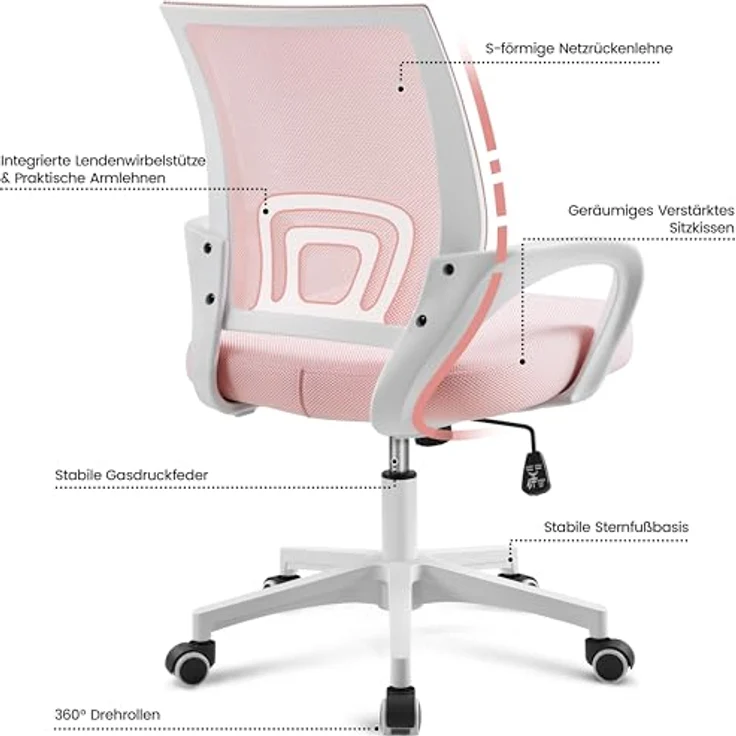 Yaheetech Bürostuhl Ergonomisch, Schreibtischstuhl mit Netzbespannung und Armlehnen, Drehstuhl aus Mesh, Chefsessel Wippfunktion, Höhenverstellbar Rückenschonend bis 136kg Belastbar, Rosa – Bild 9