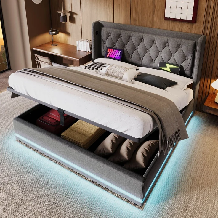 EINHOM Polsterbett Doppelbett 180 x 200 cm, Grau Baumwolle-Material Hydraulisches Stauraumbett, Gepolstertes Kopfteil mit USB Typ-C Ladefunktion, 3-Seitige LED-Funktion, (Ohne Matratze) – Bild 5