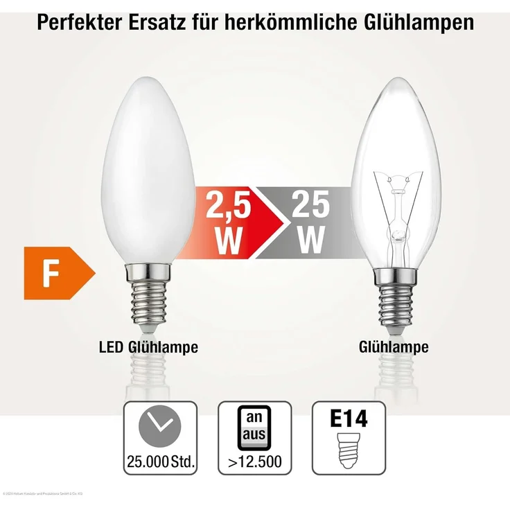 hellum LED Glühbirne E14 Kerzenlampe warmweiß, 3 Stück, 2,5W, E14 LED warmweiß mit 250 Lumen, Leuchtmittel ersetzt 25-Watt Glühbirne, C35, 2700 Kelvin matt, 220216 – Bild 6