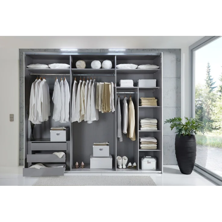 Schwebetürenschrank Kleiderschrank 300 cm Vollausstattung Glasfront in Sand Grau – Bild 4