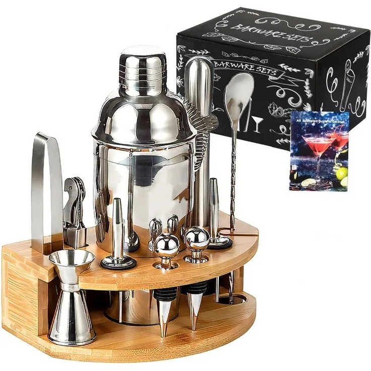 GLIESE Cocktail-Set Edelstahl Cocktail Shaker Set 12-teiliges mit Bar Zubehör, (12-tlg, Cocktail Shaker Setz), 750ml, mit Bambus-Ständer