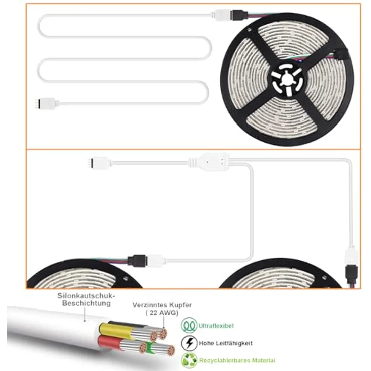 REDTRON LED Strip Verbinder Set, 10mm 4-polig RGB 5050, inklusive L- und T-förmige Eckverbinder, Verlängerung und Befestigungsclips – Bild 5