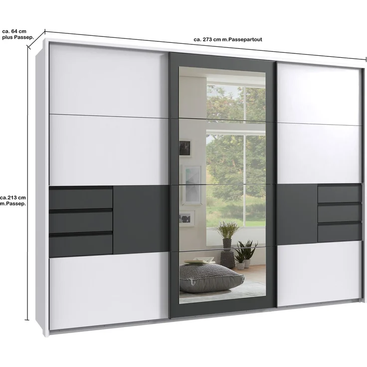 Schwebetürenschrank Kleiderschrank 273 cm Passepartout Schubladen Spiegel Weiß Grafit – Bild 9