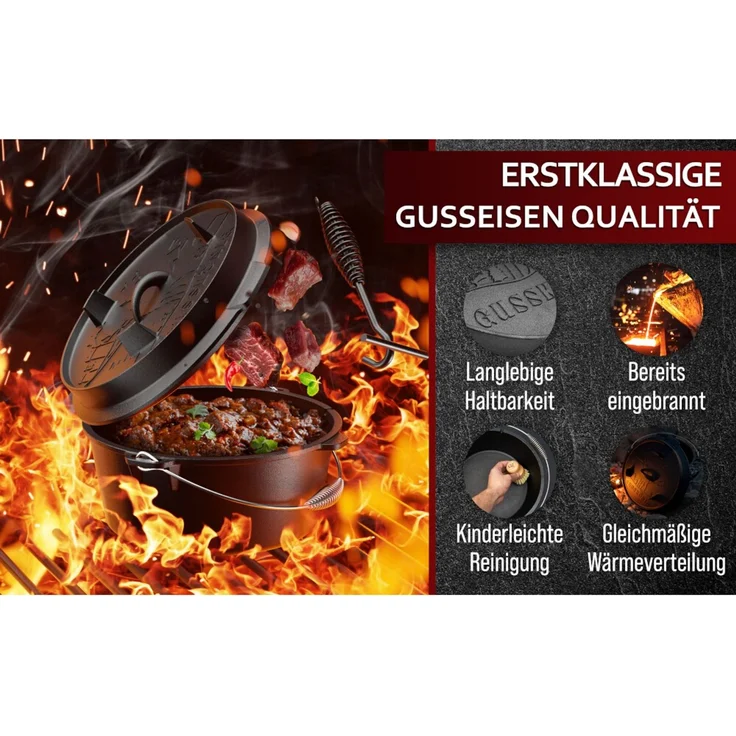 Dutch Oven 9 l ohne Füße – eingebrannt & sofort einsatzbereit, inkl. Deckelheber, Edelstahl-Untersetzer, Thermometerdurchführung, Rezeptbuch & Pflegeanleitung – Bild 11