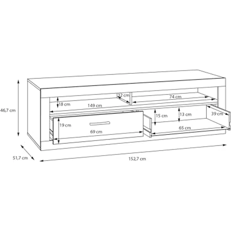 Forte TREBBIA TV-Schrank 150 160, moderner Schrank mit 2 Schubladen, Lowboard, TV-Rack, Holzwerkstoff, Betonoptik Dunkelgrau/Weiß Hochglanz, 152,7 cm breit x 46,7 cm hoch x 51,7 cm tief – Bild 8