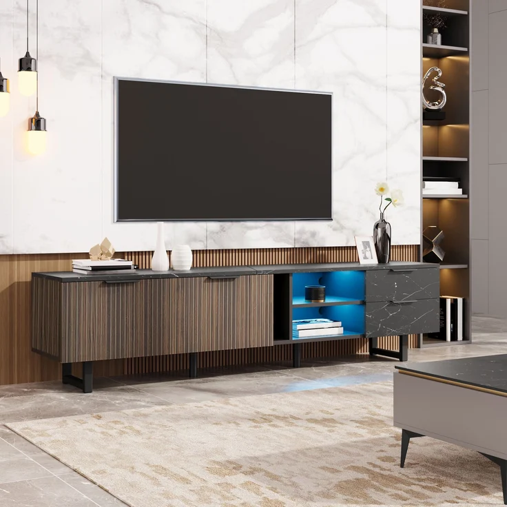 TV-Schrank 200x38x50 cm mit LED-Beleuchtung – schwarze Marmoroptik und dunkle Holzmasertüren – Bild 5