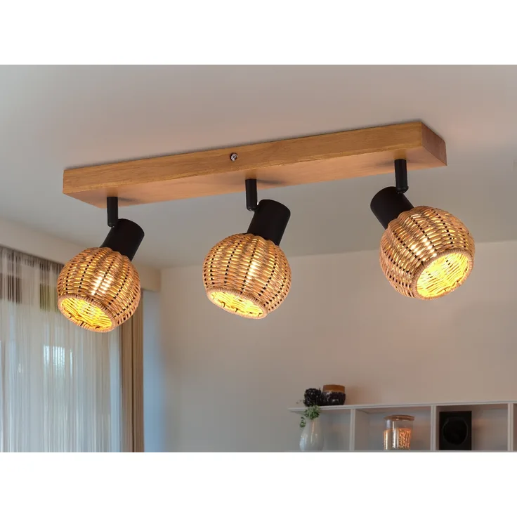 Deckenstrahler TAVAR 3-flammig Holz mit Rattan Korbgeflecht, Breite 50cm