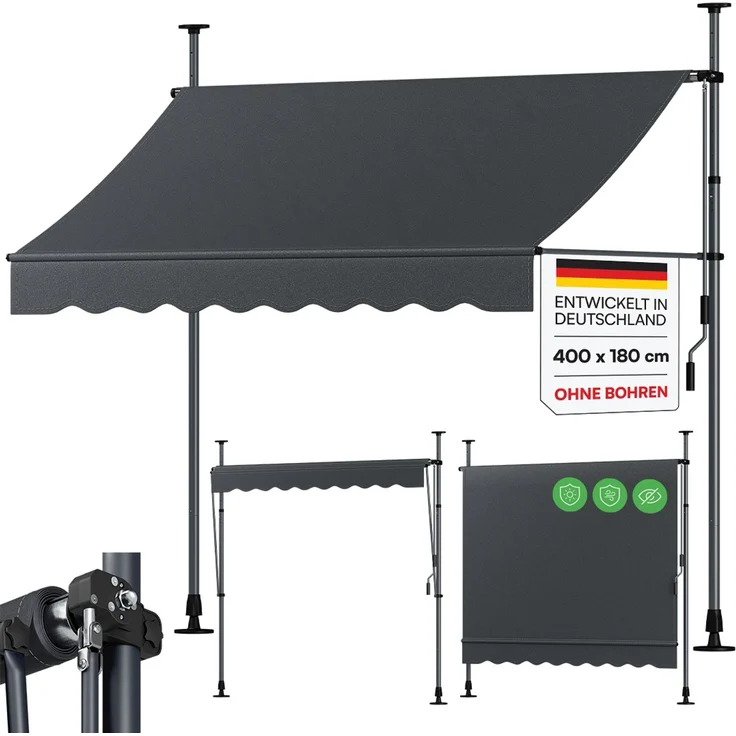 STEELSØN 'Dioran' Klemmmarkise mit Handkurbel 400x180 cm, anthrazit, stufenlos höhenverstellbar, wetterfest und UV-beständig, Balkonmarkise ohne Bohren – Bild 1