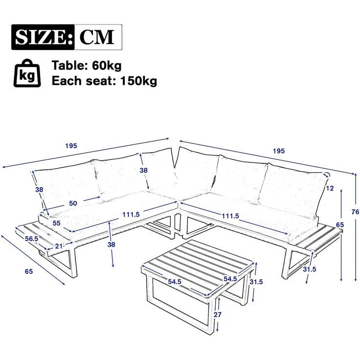 Merax Gartenlounge-Set, 5-Sitzer Gartenmöbel mit 5-Winkel-verstellbare Lehne, Grau+Schwarz – Bild 4