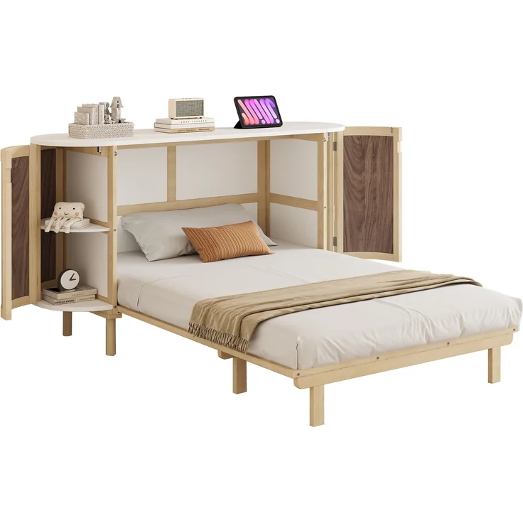 Wandschrankbett 140x200 cm, klappbar, mit Staufächern und Rattan-Front in Naturholz/Weiß – Bild 5