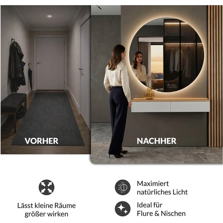 Planetmöbel Konsolentisch AMYRA Flurtisch 100 cm, NOVA Spiegel mit Beleuchtung 60 - 100 cm (Konsolentisch 100 cm, 2-St, inkl. Spiegel mit Beleuchtung rund 100x100 cm), Wandkonsole & Wandspiegel Flur Set – Bild 2