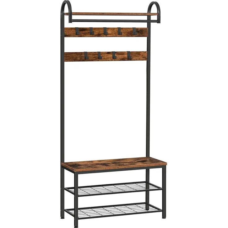 HOOBRO Garderobe, Garderobenständer, Schuhregal mit Sitzfläche, Kleiderständer mit 9 Haken, Sitzbank, Kleiderstange, 182 cm hoch, Flur, Wohnzimmer, Metallrahmen, vintagebraun-schwarz EBF13MT01