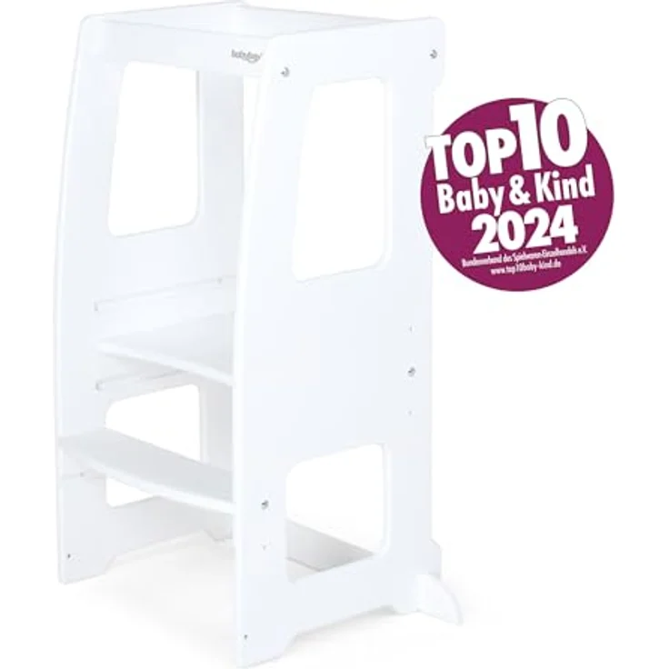 babybay Lernturm Littlefoot, maximale Kippsicherheit durch massives Buchenholz, Förderung der Motorik, dreifach höhenverstellbar, ergonomischer Einstieg, Aussparung für Küchengriffe, weiß lackiert – Bild 3