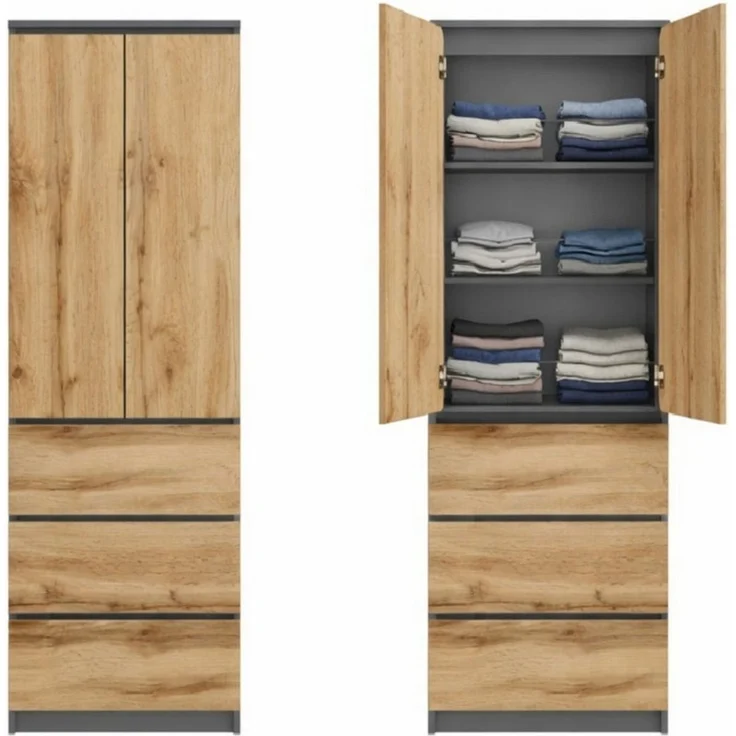 Home Collective Kleiderschrank Garderobenschrank Mehrzweckschrank Schrank platzsparend & vielseitig (50x40x180,5 cm (BxTxH), ideal für Schlafzimmer Flur & Arbeitszimmer) mit 2 Türig 3 Einlegeböden & 3 Schubladen in anthrazit-eiche – Bild 5