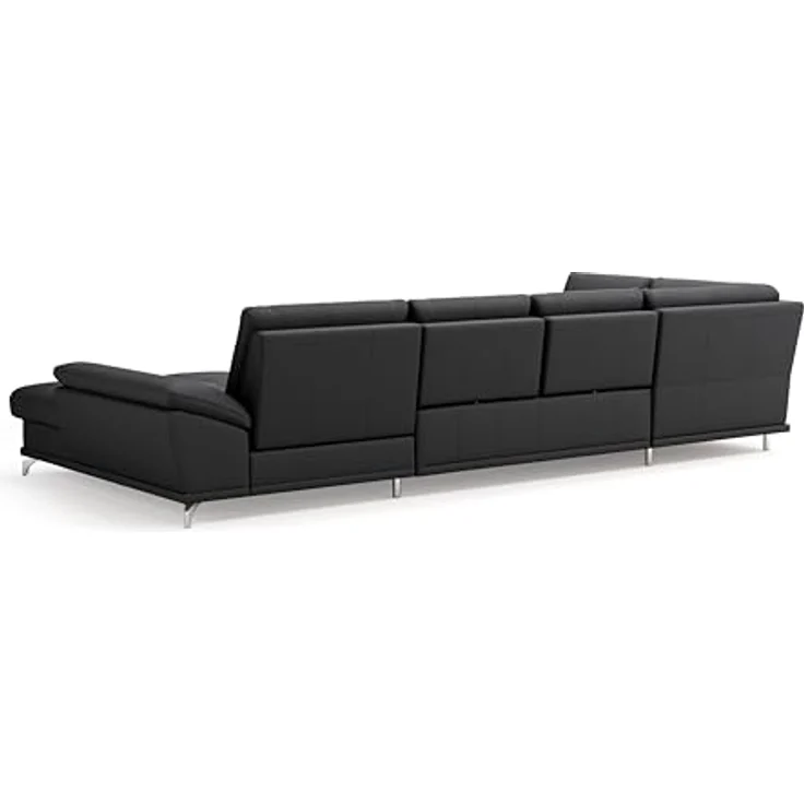 Cavadore Wohnlandschaft Castiel mit Federkern / Sofalandschaft mit großem Longchair, Sitztiefenverstellung und satinierten Metallfüßen / 363 x 89 x 223 / Echtleder, Schwarz – Bild 6