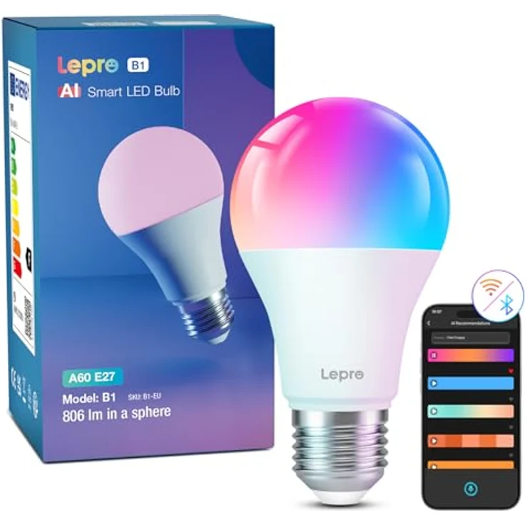 Lepro AI Smart Glühbirne B1, E27 Lampe 8.5W 806lm Dimmbar, Personalisierter KI-Lichtdesigner, Sprachsteuerung/Musik Sync, WiFi & Bluetooth Smart Bulb, Kompatibel mit Alexa/Google Assistant – Bild 2