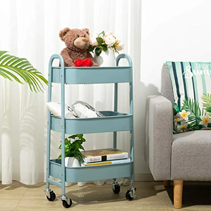 DOEWORKS Rollwagen Küchenwagen Servierwagen Aufbewahrungswagen 3-Etagen Metall Utility Cart mit Rädern für Wohnzimmer Schlafzimmer Make-up Badezimmer Büro, Grau Blau – Bild 4