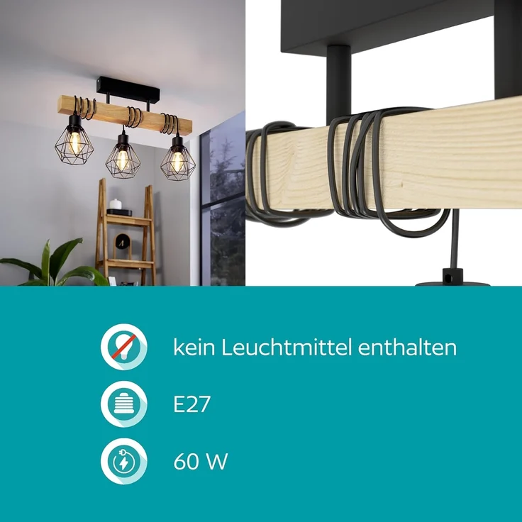 Eglo 43131 Hängeleuchte TOWNSHEND 5 Stahl schwarz, Holz braun E27 3X40W L:55cm B:20cm H:36cm dimmbar – Bild 4