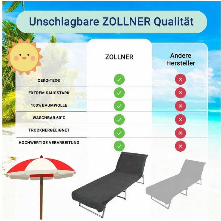 ZOLLNER Strandtuch, Mikrofaser (1-St), 75x215 cm, 100% Baumwolle, Liegenbezug für Sonnenliege, Dunkelgrau – Bild 3