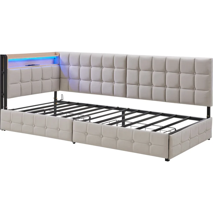 90 X 200 Gepolstertes Schlafsofa, Polsterbett mit 2 Schubladen und LED-Nachttischlampe, USB- und Typ-C-Anschluss, multifunktionales Kinder-Bootsbett, Schlafsofa Einzelbett Beige – Bild 9